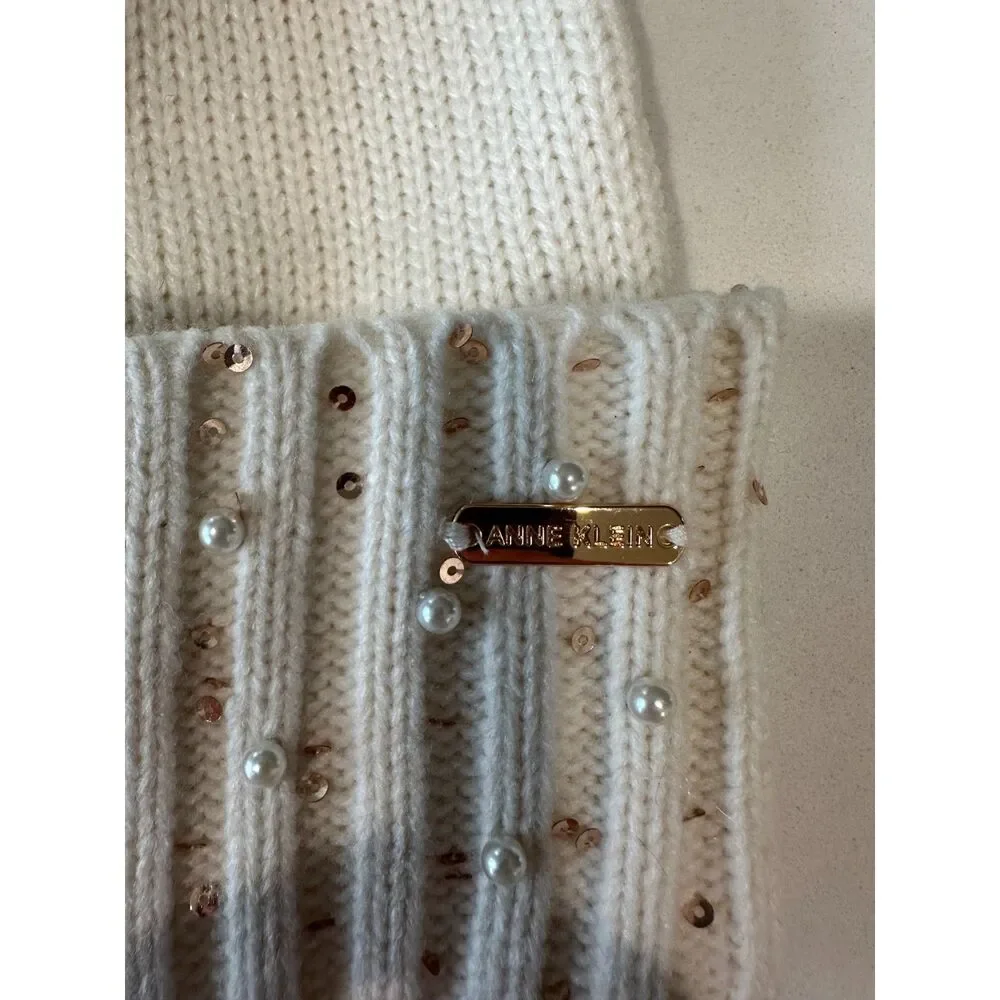 Anne Klein White Sequin Faux Fur Pom Beanie Hat